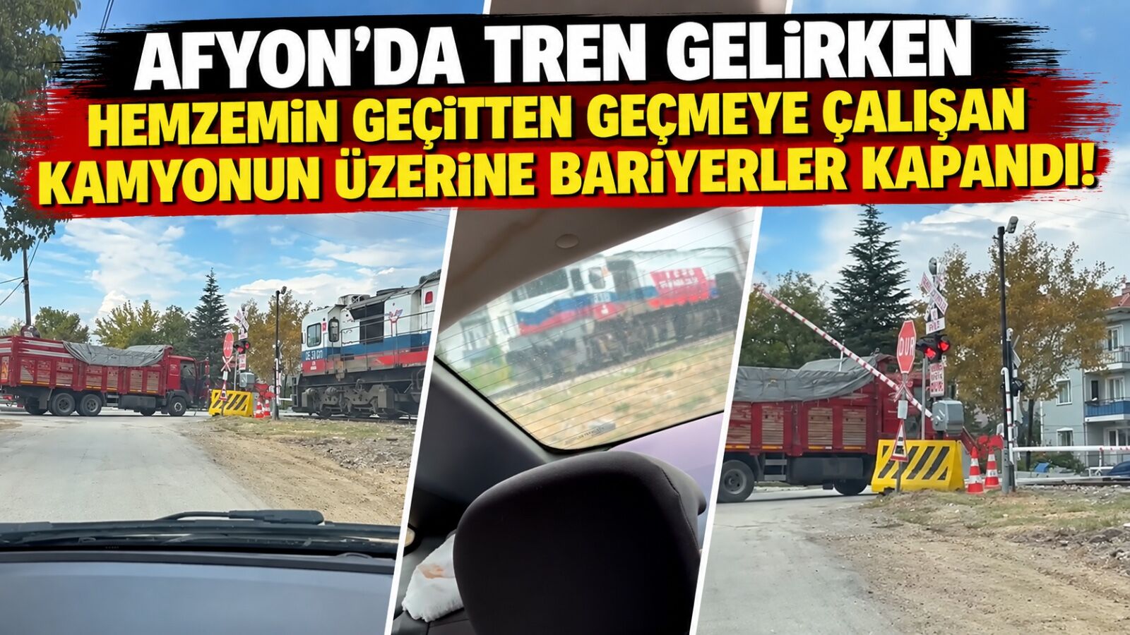 Afyon’da tren gelirken hemzemin geçitten geçmeye çalışan kamyonun üzerine bariyerler kapandı!